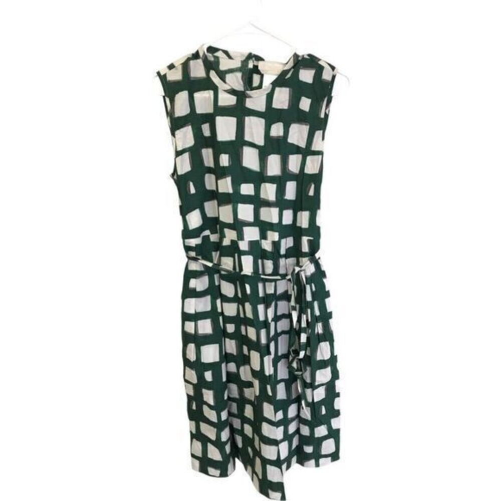 Max Mara Women's Green Geometric Printed Cotton Dress Size 8 Sleeveless Belted